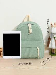 Preppy Classic Backpack Solid Colour Zipper Adjustable Strap - Green - View 3
