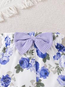 Baby Floral Print Ruffle Trim Bodysuit & Bow Front Shorts & Headband - Lilac Purple - View 6