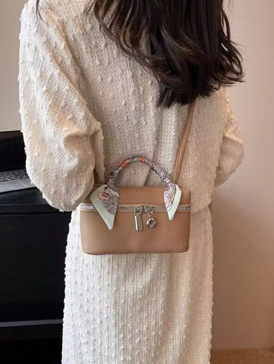 Mini Square Bag Fashionable Litchi Embossed Skinny Scarf Decor Zipper PU - Khaki - View 1