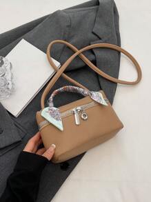 Mini Square Bag Fashionable Litchi Embossed Skinny Scarf Decor Zipper PU - Khaki - View 3