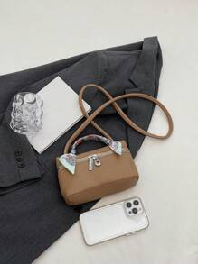 Mini Square Bag Fashionable Litchi Embossed Skinny Scarf Decor Zipper PU - Khaki - View 4