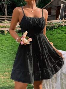 SHEIN VCAY Đầm Viên lá sen Dây kéo Dải chun Nếp gấp Phần Ngực màu trơn Giải trí - màu đen - Xem 1