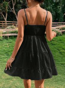 SHEIN VCAY Đầm Viên lá sen Dây kéo Dải chun Nếp gấp Phần Ngực màu trơn Giải trí - màu đen - Xem 2