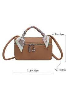 Mini Square Bag Fashionable Litchi Embossed Skinny Scarf Decor Zipper PU - Khaki - View 6