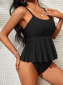 Swim Lushoire Summer Beach Ruffle Hem Tankini - Black - View 1