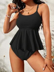 Swim Lushoire Summer Beach Ruffle Hem Tankini - Black - View 3