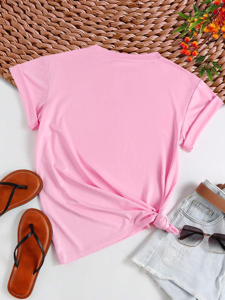 INAWLY เสื้อยืด กราฟฟิค ทาวเวอร์ & ตัวอักษร - สีชมพู - ดู 2