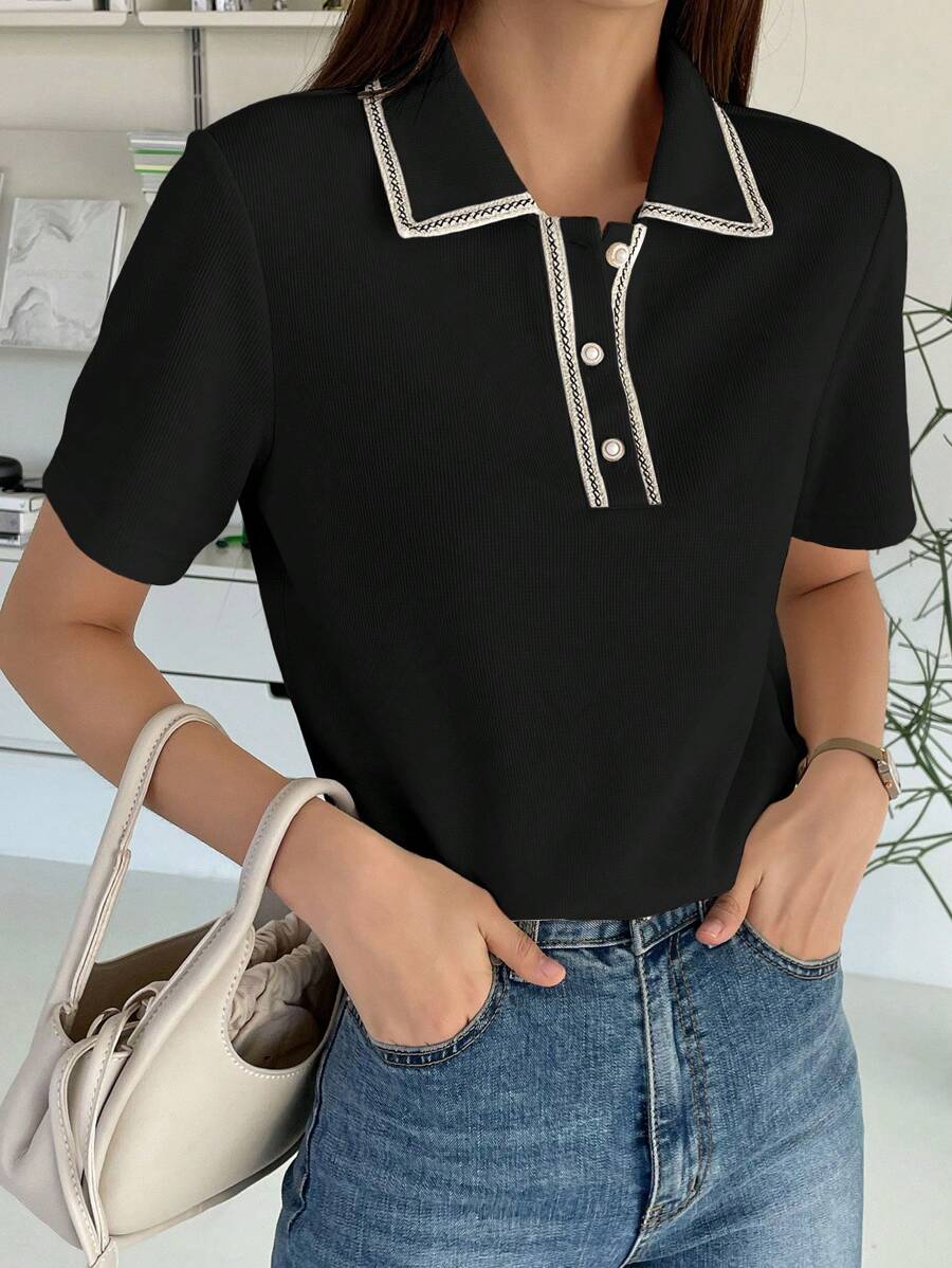 DAZY Contrast Trim Polo Neck Tee - Black - View 1