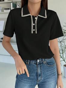 DAZY Contrast Trim Polo Neck Tee - Black - View 2