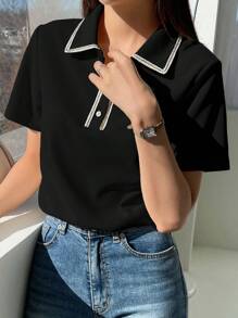 DAZY Contrast Trim Polo Neck Tee - Black - View 3