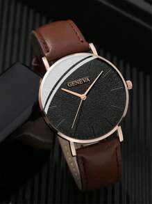 1pc Men Watch Brown PU Polyurethane Strap Casual Round Dial Quartz Watch, For Daily Life For Men As A Gift For Students Returning To School - Brown - View 2