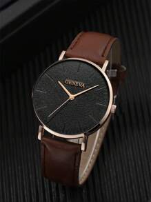 1pc Men Watch Brown PU Polyurethane Strap Casual Round Dial Quartz Watch, For Daily Life For Men As A Gift For Students Returning To School - Brown - View 3