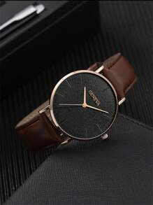 1pc Men Watch Brown PU Polyurethane Strap Casual Round Dial Quartz Watch, For Daily Life For Men As A Gift For Students Returning To School - Brown - View 4