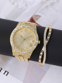 1入組女性金色不銹鋼帶魅力四射水鑽裝飾日期圓形錶盤石英表和1入組適用於日常生活 - 金色 - 查看 1