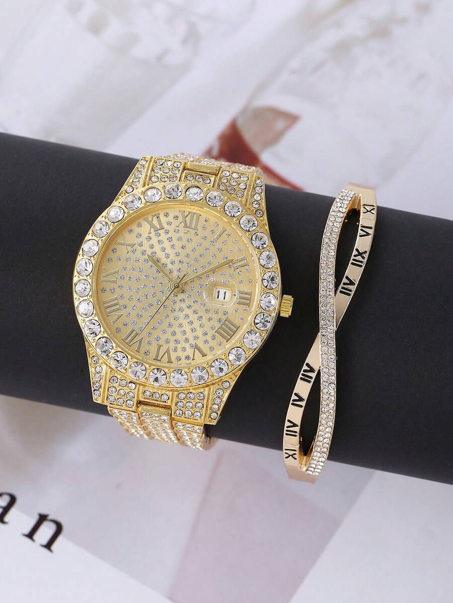 1入組女性金色不銹鋼帶魅力四射水鑽裝飾日期圓形錶盤石英表和1入組適用於日常生活 - 金色 - 查看 1