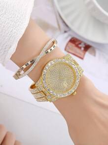 1入組女性金色不銹鋼帶魅力四射水鑽裝飾日期圓形錶盤石英表和1入組適用於日常生活 - 金色 - 查看 3