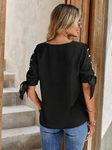 SHEIN Clasi 貝殼邊開衩袖打結袖口襯衫 - 黑色 - 查看 2