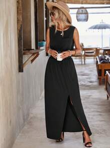 SHEIN LUNE Bộ đồ hai mảnh nữ Chia Tách cao màu trơn Giải trí - màu đen - Xem 5