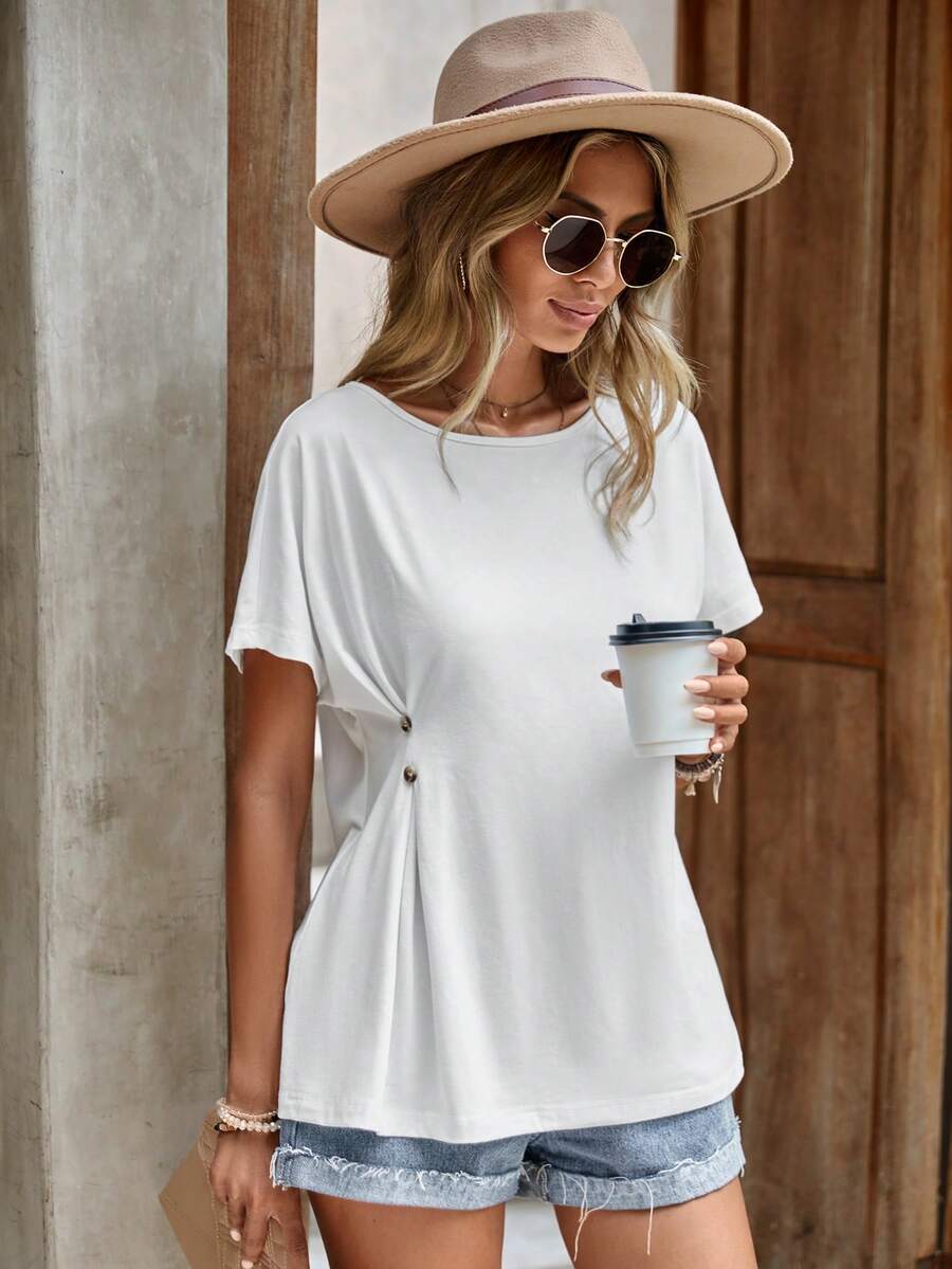 SHEIN LUNE 素色紐扣細節蝙蝠袖T恤 - 白色 - 查看 1