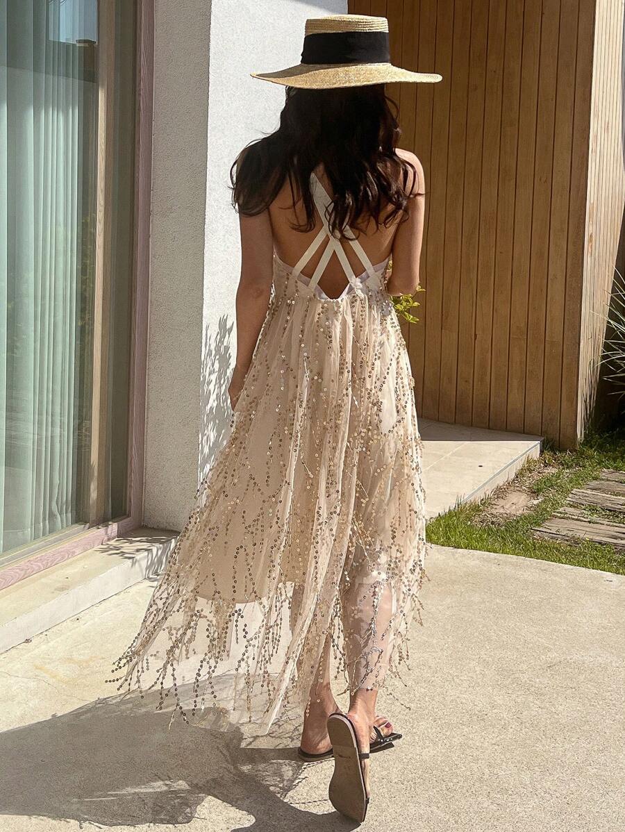 DAZY 亮片拼接流蘇邊交叉露背吊帶連衣裙 - 杏色 - 查看 1