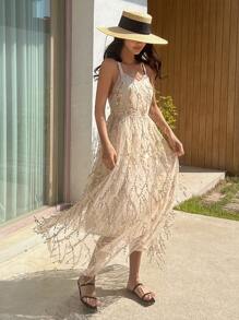 DAZY 亮片拼接流蘇邊交叉露背吊帶連衣裙 - 杏色 - 查看 2