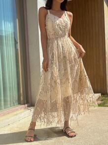 DAZY 亮片拼接流蘇邊交叉露背吊帶連衣裙 - 杏色 - 查看 3