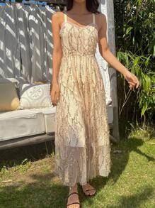 DAZY 亮片拼接流蘇邊交叉露背吊帶連衣裙 - 杏色 - 查看 5