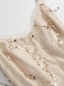 DAZY 亮片拼接流蘇邊交叉露背吊帶連衣裙 - 杏色 - 查看 8