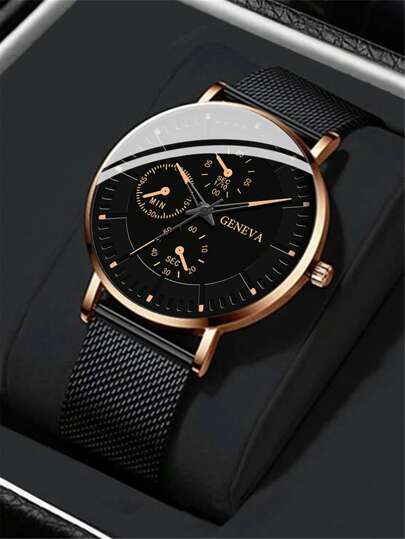 1 pieza Reloj de cuarzo de moda para hombres con cinturón de malla de doble capa, regalo para hombres