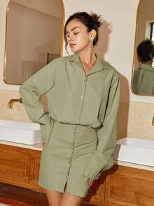 Đầm Nút phía trước màu trơn Thanh lịch - xanh quân đội - Xem 4