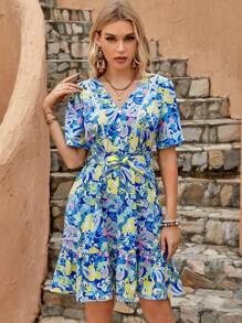 Vestido con cinturón con estampado bajo con fruncido - Azul - Ver 1