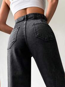 Cottnline Pocket Patched Straight Leg Jeans - Black - View 4