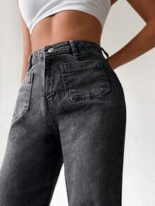 Cottnline Pocket Patched Straight Leg Jeans - Black - View 5