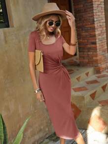 SHEIN Clasi Twist Front Split Thigh Dress - Redwood - View 3