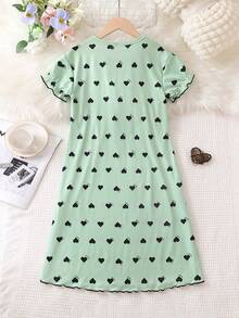 女孩愛心圖案蕾絲邊泡泡袖睡裙