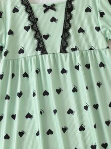 女孩愛心圖案蕾絲邊泡泡袖睡裙