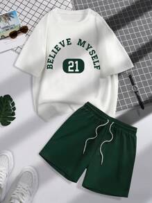 Manfinity Campus Court Men Cotton Letter Graphic Tee & Drawstring Waist Shorts - Multicolor - View 1