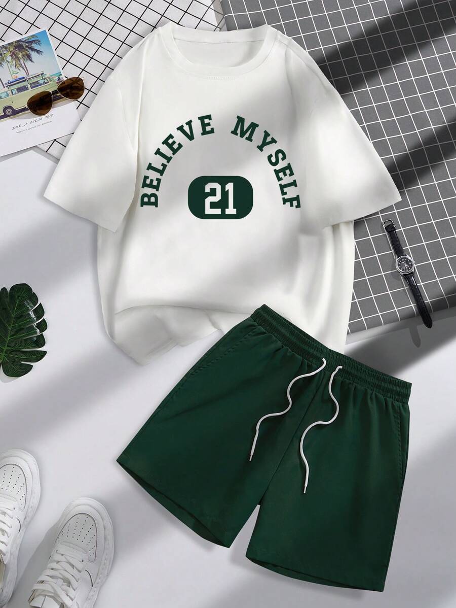 Manfinity Campus Court Men Cotton Letter Graphic Tee & Drawstring Waist Shorts - Multicolor - View 1