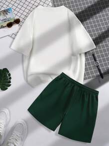 Manfinity Campus Court Men Cotton Letter Graphic Tee & Drawstring Waist Shorts - Multicolor - View 2