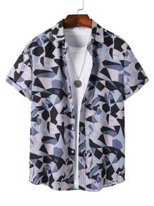 男士印花短袖衬衫，简约时尚，日常休闲 - 彩色 - 查看 1