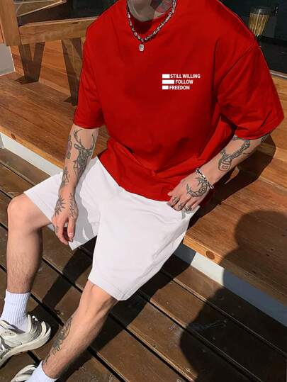 Guys Slogan Graphic Tee & Drawstring Waist Shorts Set