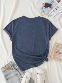 INAWLY Áo thun nữ Tim Giải trí - Màu xanh hải quân - Xem 2