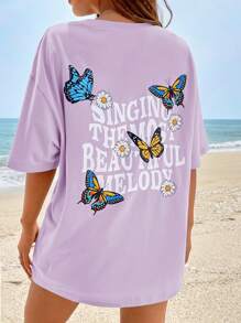 SHEIN EZwear Butterfly & Slogan Graphic Drop Shoulder Tee - Lilac Purple - View 1