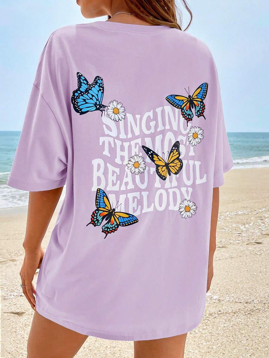 SHEIN EZwear Butterfly & Slogan Graphic Drop Shoulder Tee - Lilac Purple - View 1