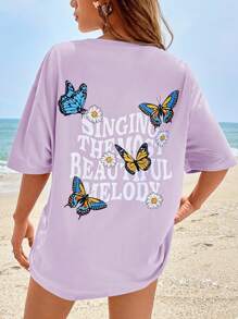 SHEIN EZwear Butterfly & Slogan Graphic Drop Shoulder Tee - Lilac Purple - View 2