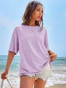 SHEIN EZwear Butterfly & Slogan Graphic Drop Shoulder Tee - Lilac Purple - View 3