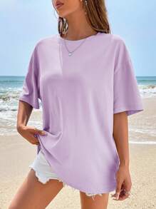 SHEIN EZwear Butterfly & Slogan Graphic Drop Shoulder Tee - Lilac Purple - View 4