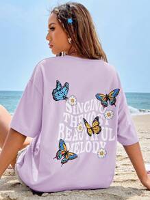SHEIN EZwear Butterfly & Slogan Graphic Drop Shoulder Tee - Lilac Purple - View 5