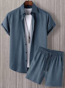 Manfinity Homme Men Striped Shirt & Drawstring Waist Shorts Without Tee - Navy Blue - View 1