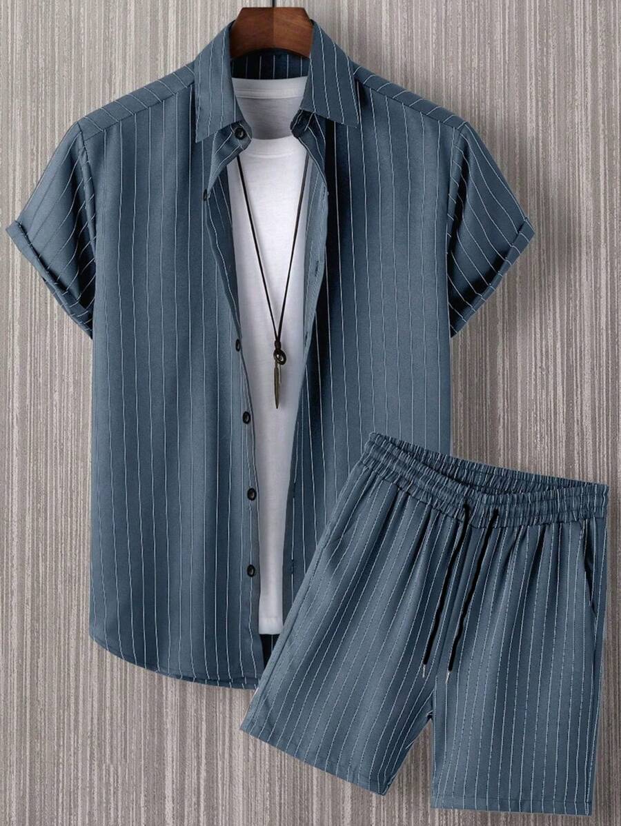 Manfinity Homme Men Striped Shirt & Drawstring Waist Shorts Without Tee - Navy Blue - View 1